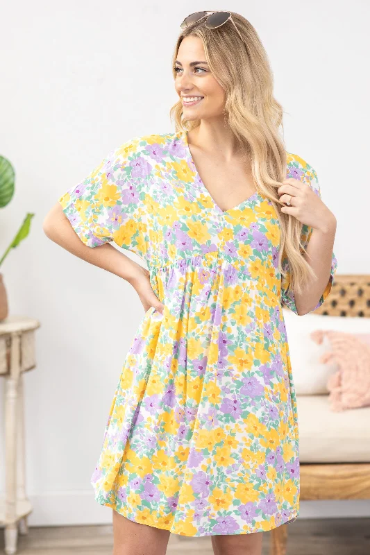 Casual Wear Lavender And Yellow Floral V-Neck Dress