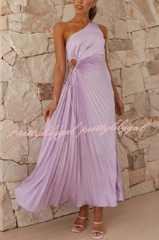 Latest Fashion for Women Charming One Shoulder Lace Up Cutout Pleated Maxi Dress