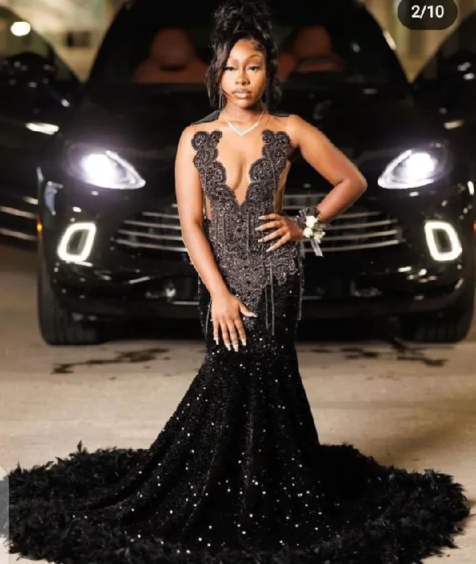 Trend Setting Wardrobe Black African American Prom Dresses Mermaid Sheer Sequins Beaded Feather Black Girls Nigeria Robe De Soiree Evening Dress Gown