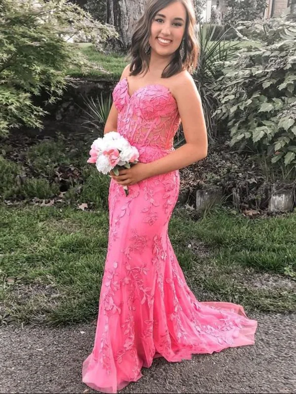 Flash Sale Starts Strapless Mermaid Hot Pink Lace Floral Long Prom Dresses, Mermaid Hot Pink Formal Dresses, Hot Pink Lace Evening Dresses SP2115