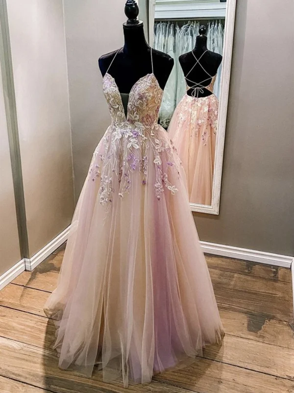 Limited Stock, Big Sale A Line V Neck Backless Pink Lace Floral Long Prom Dresses, V Neck Pink Formal Dresses, Pink Lace Evening Dresses