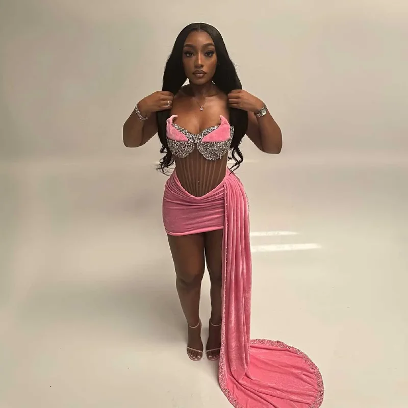 Style Redefined New Arrival Black Girls Velvet Mini Prom Dresses Pink Corset Heavy Beading Short Cocktail Party Dress African Girl Birthday Gown