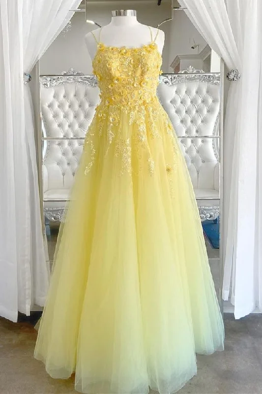 Effortless Chic for Women Princess Yellow A-line Sequins and Floral Long Prom Gown