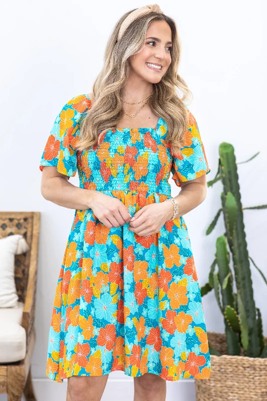 Stylish Women's Apparel Turquoise and Orange Floral Smocked Dress