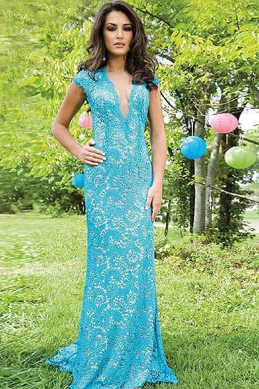 Runway Inspired Wear Jovani 78450 Lace Plunging Neckline Long Dress