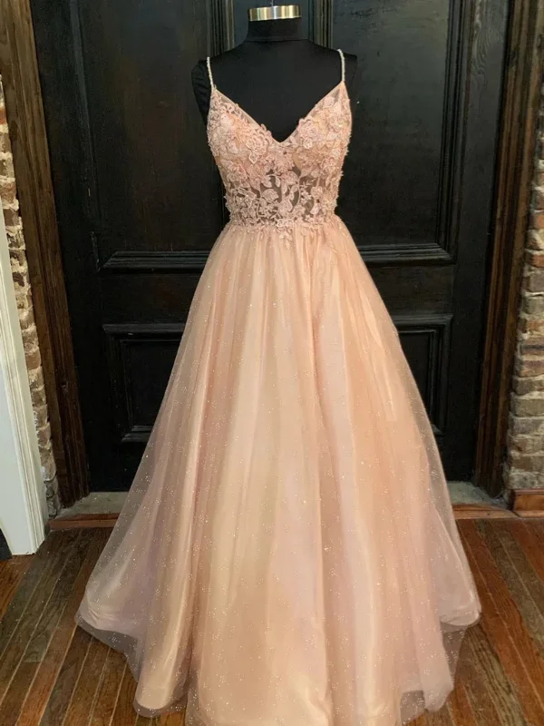 All Season Basics Discount Shiny A Line V Neck Pink Floral Long Prom Dresses, Pink Lace Formal Dresses, Pink Evening Dresses SP2890