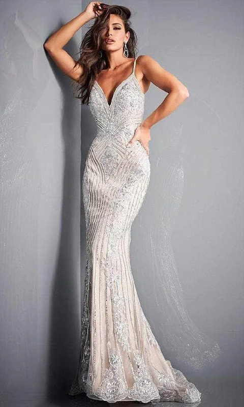 Chic Styles Jovani - Embellished Plunging Evening Gown 05752SC - 1 pc Silver/Nude In Size 14 Available