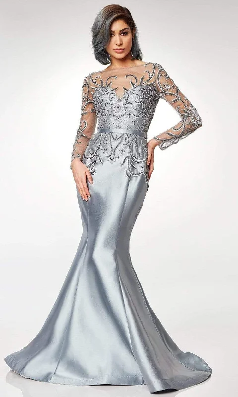 Vintage Fashion Clarisse - Scroll Motif Illusion Bateau Mermaid Gown M6523 - 1 pc Silver In Size 6 Available