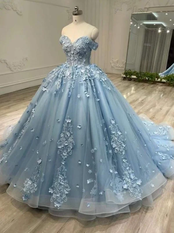 Classic Women’s Clothing Styles Off Shoulder Dusty Blue Lace Floral Long Prom Dresses, Dusty Blue Formal Evening Dresses, Floral Ball Gown SP2898