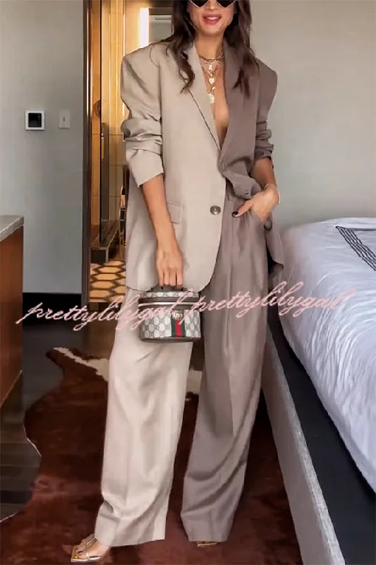 Athleisure Wear Girl Boss Avant-garde Contrast Colors Lapel Boyfriend Blazer and Pocketed Wide Leg Pants Set