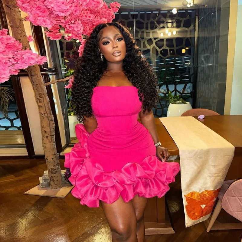 Vibrant Femme Fashion Hot Pink Little Black Girls Short Prom Dresses Strapless Ruffled Bottom African Mini Cocktail Dress Aso Ebi Birthday Party Dress