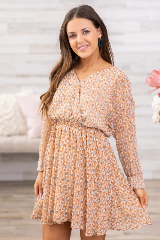 Casual Chic Tan Surplice Front Floral Long Sleeve Dress