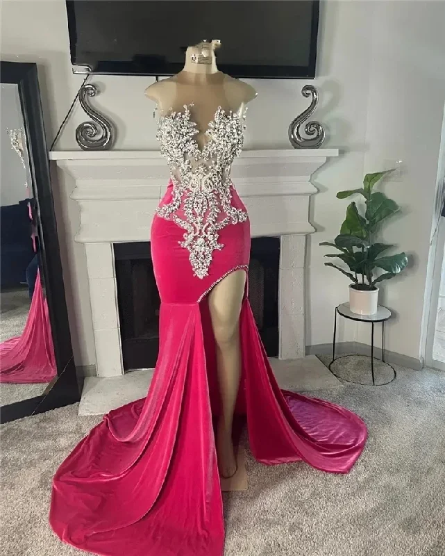 Evening Elegance New Sparkly O Neck Long Prom Dress Black Girls Beaded Crystal Birthday Party Dresses Evening Gowns High Slit Gown Robe