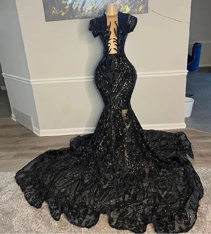 Chic Style, Always In Vogue Black African American Prom Dresses Mermaid Short Sleeves Lace Black Girls Nigeria Robe De Soiree Evening Dresses Gown