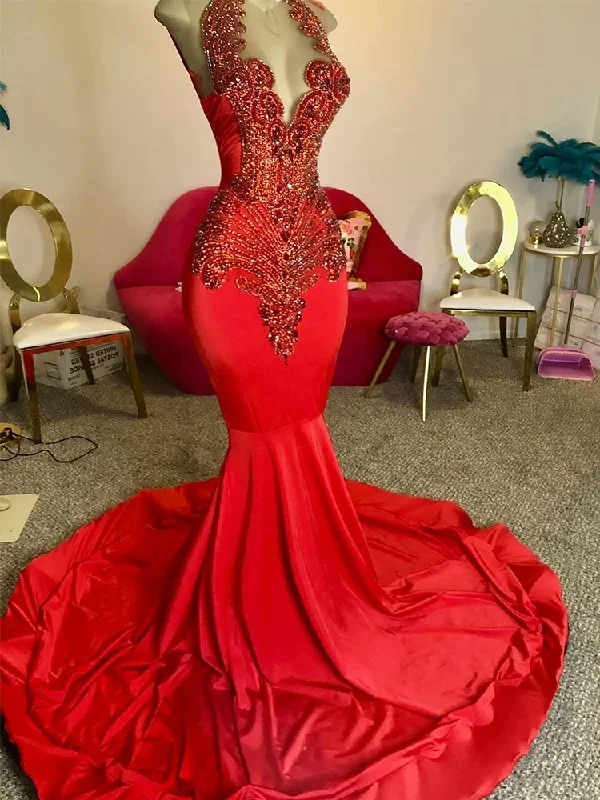 Preppy Style Long Red Mermaid Prom Dresses for Black Girls Halter Vestidos De Gala Mujer Party Formal Occasion Dresses