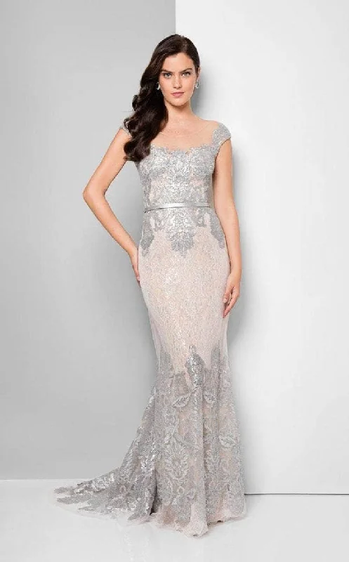 Premium Quality Garments Terani Couture - 1713M3505 Embroidered Lace Portrait Mermaid Gown - 1 pc Gunmetal Nude In Size 4 Available