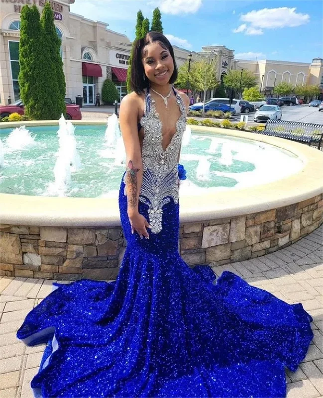 Summer Sale Glitter Royal Blue Sequin Mermaid Prom Dresses Sexy Halter Neck For Black Girls Cocktail Birthday Party Gowns African robe