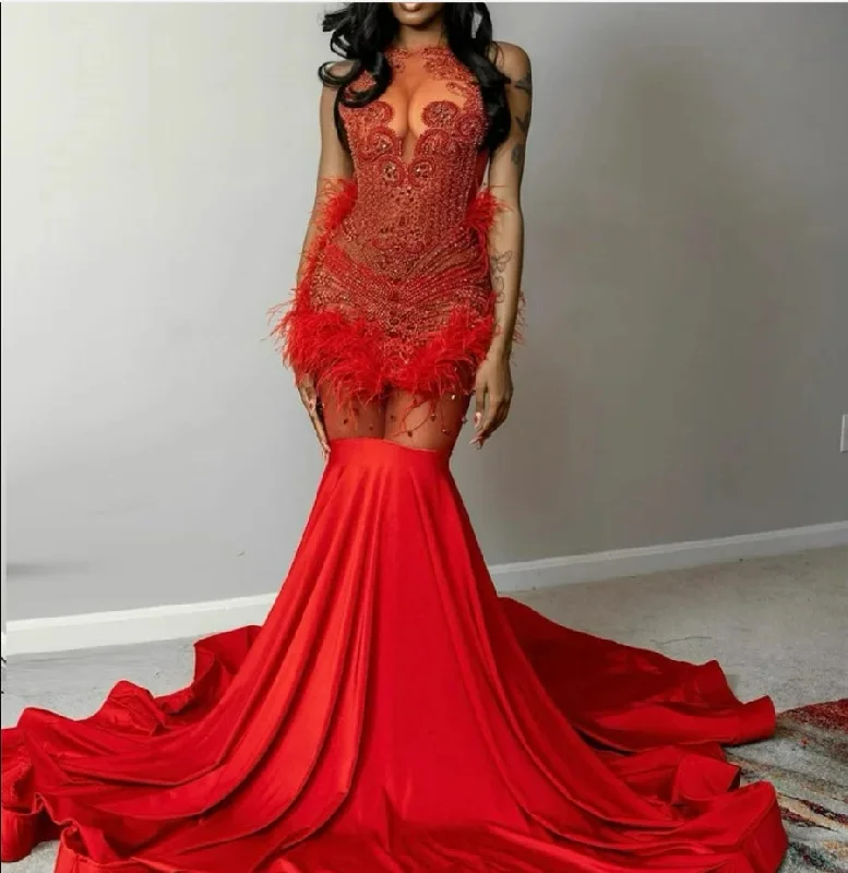 Cheap Women's Clothing Online Red Diamonds Long Prom Dress For Black Girls Beaded Crystal Rhinestones Feather Evening Gown Birthday Party Dresses