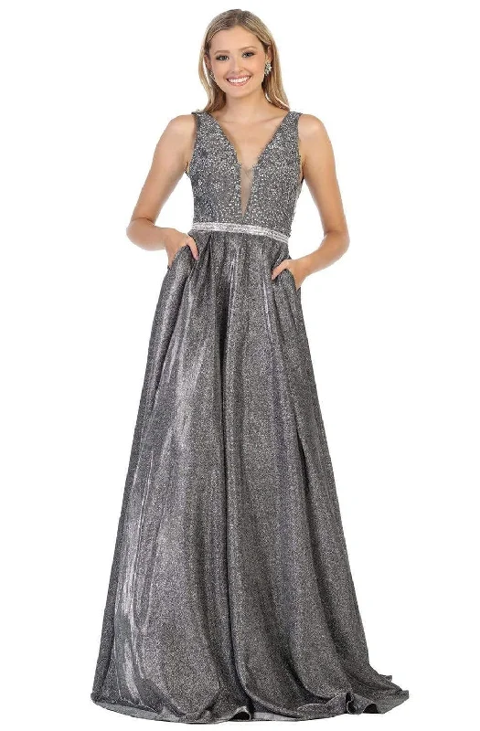 Vibrant Styles May Queen - Beaded Lace V-Neck Metallic Gown RQ7790 - 1 pc Charcoal Gray In Size 8 Available