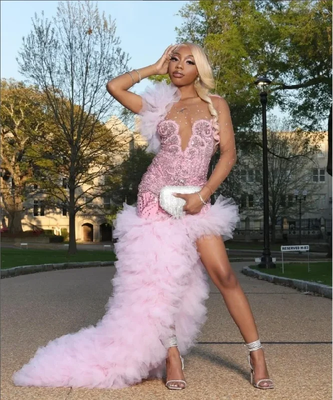 Exclusive Sale Long Sleeve Pink Ruffle Mermaid Prom Dresses Sparkly Rhinestones Beaded Black Girls Side Slit Luxury Long Prom Gala Gowns