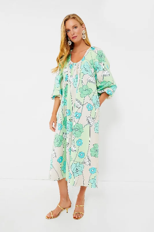 Limited Time Offer Green and Blue Floral Dorinda Midi Dress