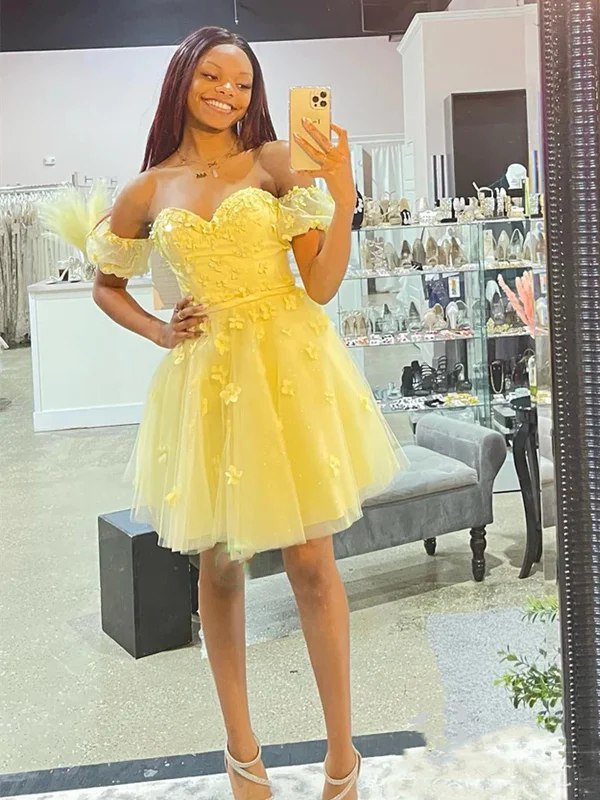 Hot Picks Off Shoulder Yellow Lace Floral Prom Dresses, Yellow Lace Homecoming Dresses, Short Yellow Formal Evening Dresses SP2448