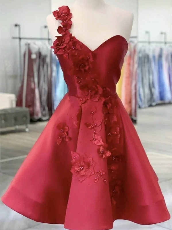 Limited Time Offers One Shoulder Open Back Burgundy Floral Prom Dresses, Wine Red Floral Formal Evening Homecoming Dresses