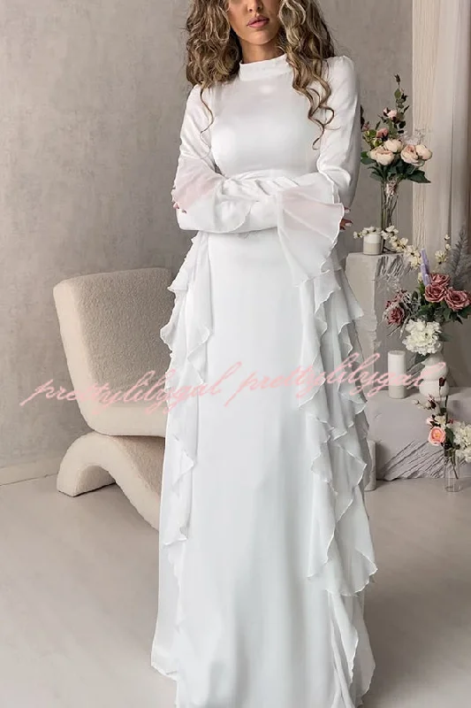 Women's Clothing Brands Cline Solid Color High Neck Long Sleeve Elegant Ruffles Maxi Dress