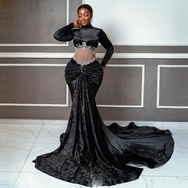 Wardrobe Essentials Black Girls Long Evening Dresses High Neck Pearls Appliques Pleats Long Sleeves Mermaid Prom Dress Long Train Aso Ebi Gowns