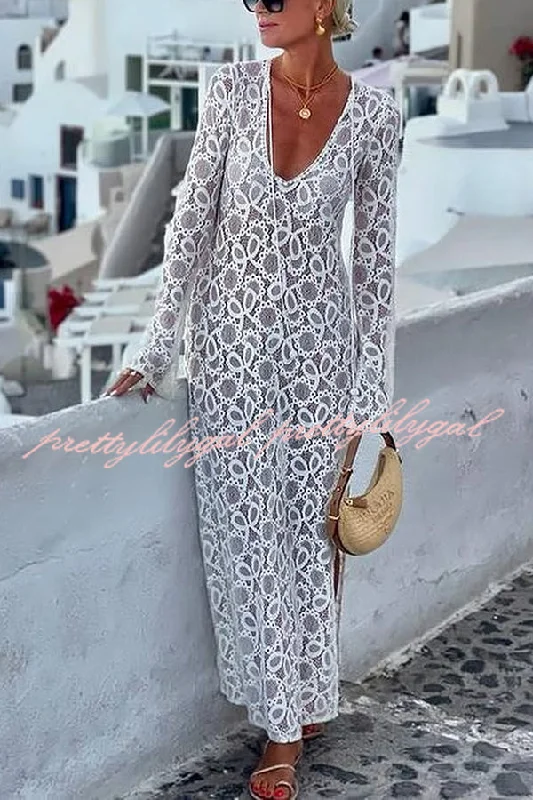 Vintage Women’s Fashion Santorini Sunset Floral Lace Long Sleeve Slit Vacation Maxi Dress