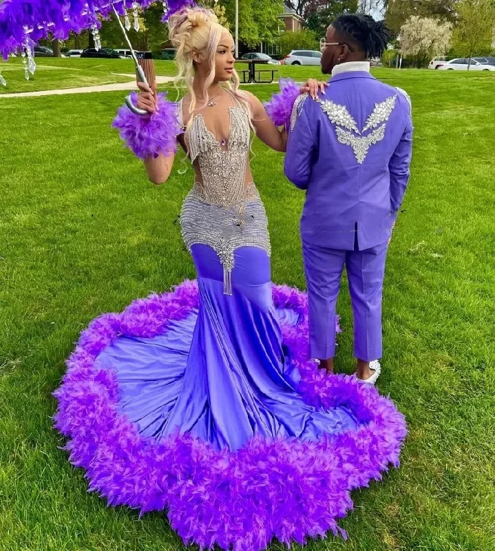 Trendy Outfits For Girls Luxury Purple Prom Dresses For Black Girls Rhinestone Feathers African Women Mermaid Party Gowns