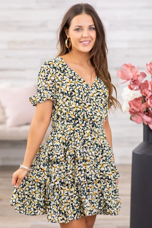 Evening Elegance Black and Yellow Floral Tiered Skirt Dress