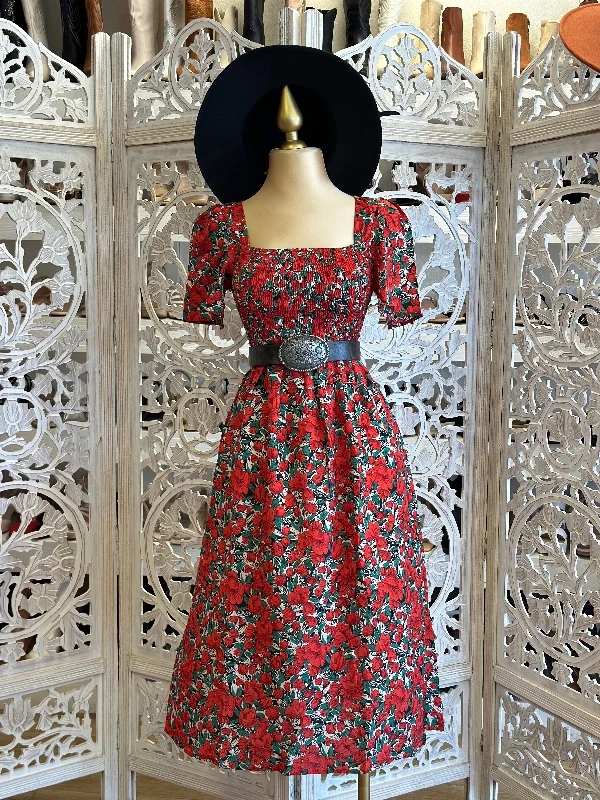 Online Boutiques Best Red Floral Square Neck Dress- Stretchy