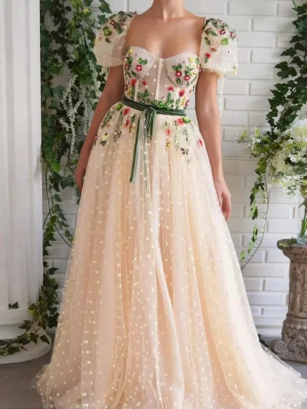 Sale Event, Prices Rock Cap Sleeves Floral Champagne Long Prom Dresses, Long Champagne Formal Graduation Evening Dresses With 3D Flowers SP2643