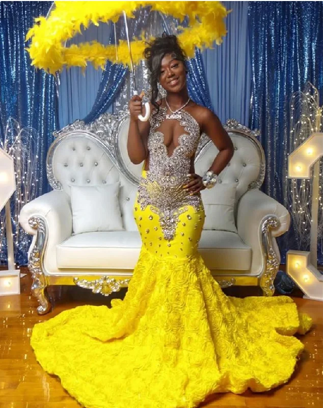 Bold Fashion Bright Yellow Flower Ruched Train Mermaid Rhinestone Prom Dresses For Blackgirls Birthday Dress Luxury Beaded Evening Gowns