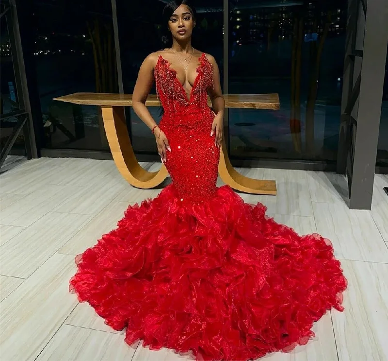 Clothes Of Woman Hand Make Crystal Tassels Red Sweetheart Luxury Prom Dresses Black Girls Baddie Dresses For Birthday African vestidos de gala