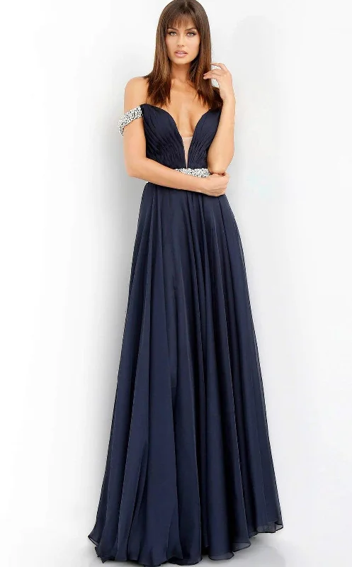 Chic Trends Unveiled Jovani 54935 Off-Shoulder High Slit Long Prom Dress