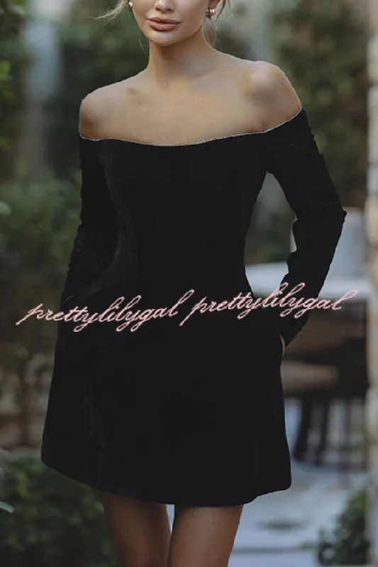 High End Fashion Dear Me Velvet Glitter Trim Off Shoulder Long Sleeve Pocketed Mini Dress