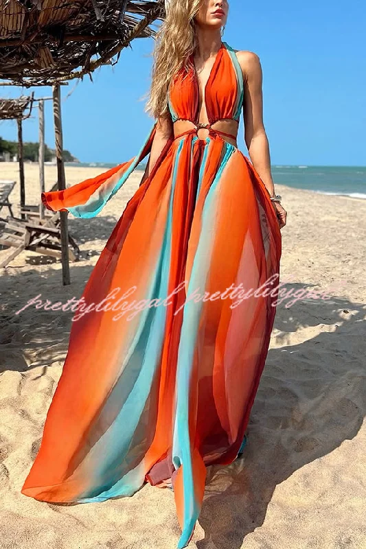 Flash Sale, Don't Miss Variety of Styles Tulle Printed Ring Hollow Design Slit Vacation Maxi Dress