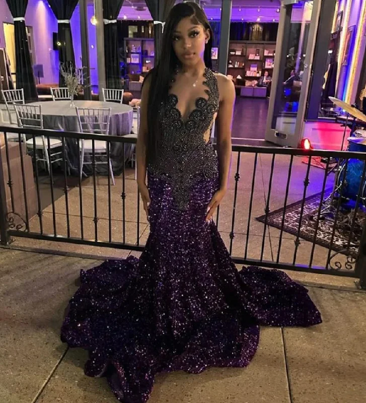 High End Women's Wear Sparkly Diamonds Purple Long Prom Dress For Black Girls Beads Crystals Rhinestones Birthday Party Reception Robe