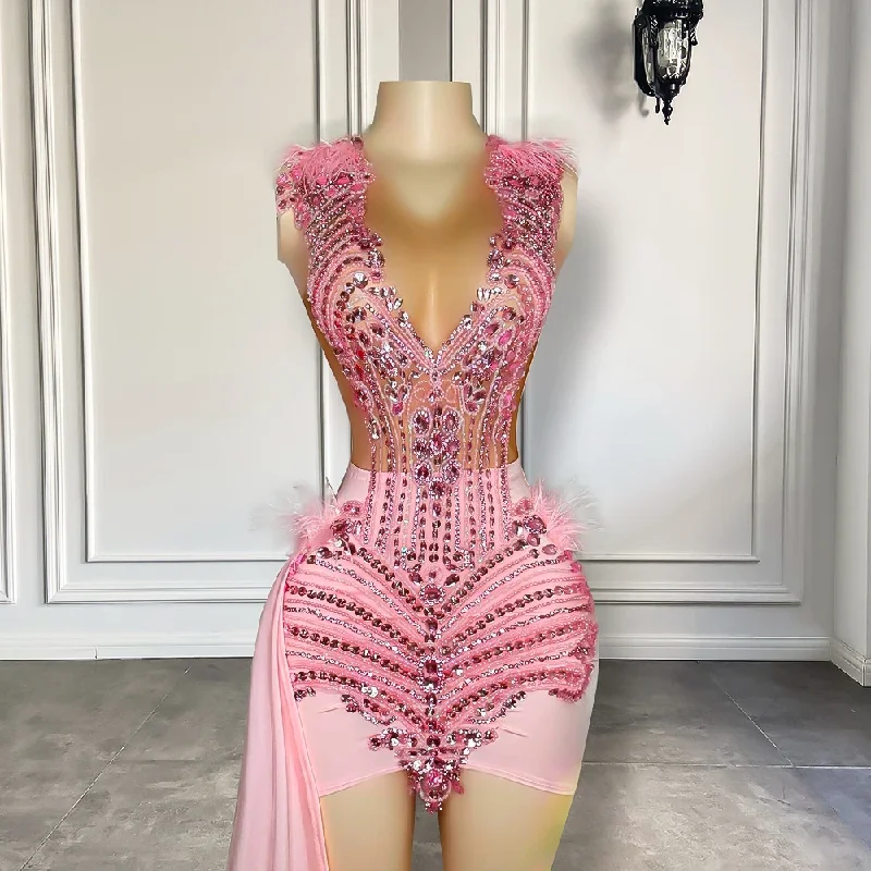 Stylish Women's Apparel Cute Pink Luxury Diamond Birthday Formal Dress For Women Sheer Mesh Feather Black Girls Short Prom Dresses