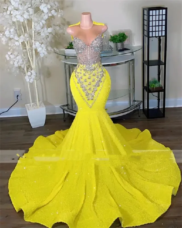 Minimalist Style Sparkly Yellow Sequin Long Prom Dresses Black Girls Luxury Bead Diamond Mermaid Sheer Neck Formal Evening Party Gala Gowns