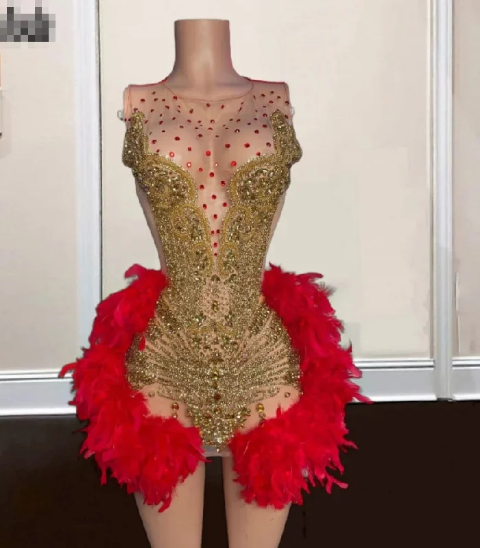 Casual Chic Luxury Gold Birthday Dresses With Red Feathers Diamond Short Prom Dress For Black Girls Party Gowns Vestidos De Gala