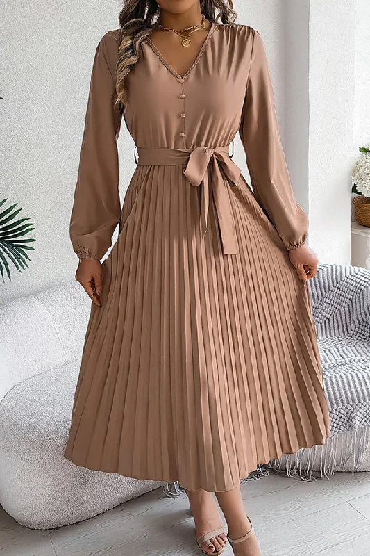 Vibrant Femme Fashion Solid Color Elegant V-neck Buttoned Lace-up Pleated Maxi Dress