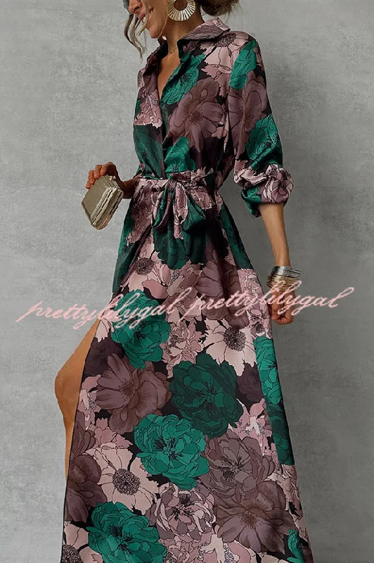 Clothing Online Floral Print Lapel Waisted Lace-up Long-sleeve Maxi Dress