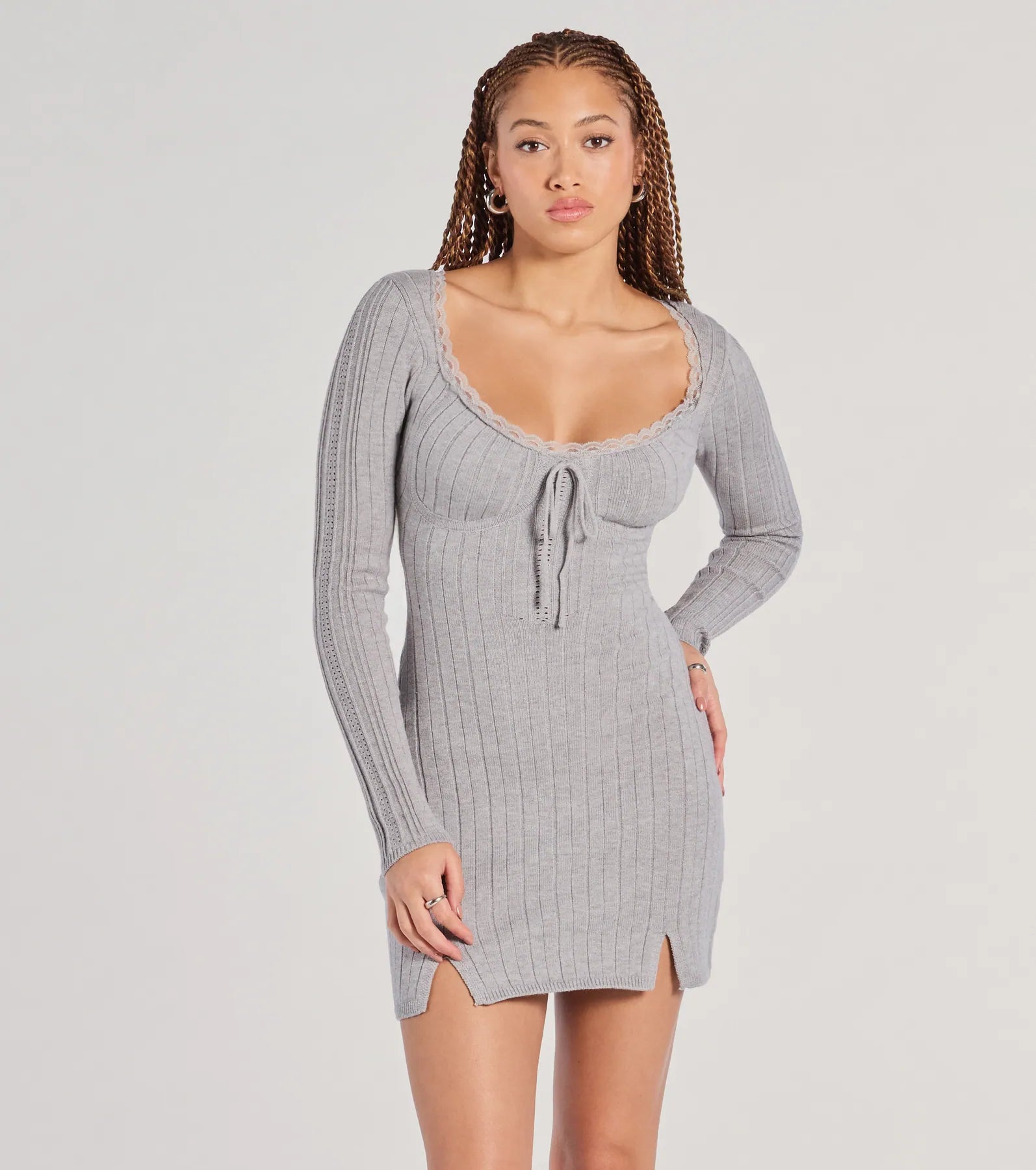 Best Sellers Such A Flirt Lace Trim Scoop Neck Knit Mini Dress