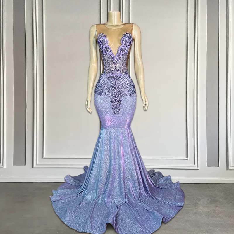 Seasonal Fashion Light Purple Rhinestones Sheer O Neck Prom Dresses Luxury Glitter Lilac Long Black Girls Prom Gala Gowns