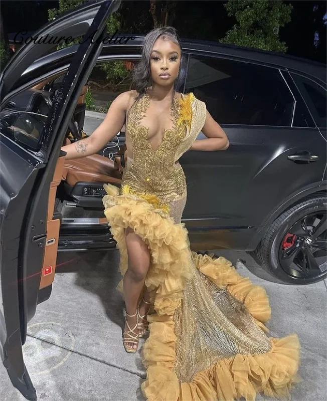 Boutique Styles Gold Feathers Shinny Ruched Silt Rhinestone Prom Dresses For Black Girls Mermaid Birthday Party Dress Homecoming Gown robe