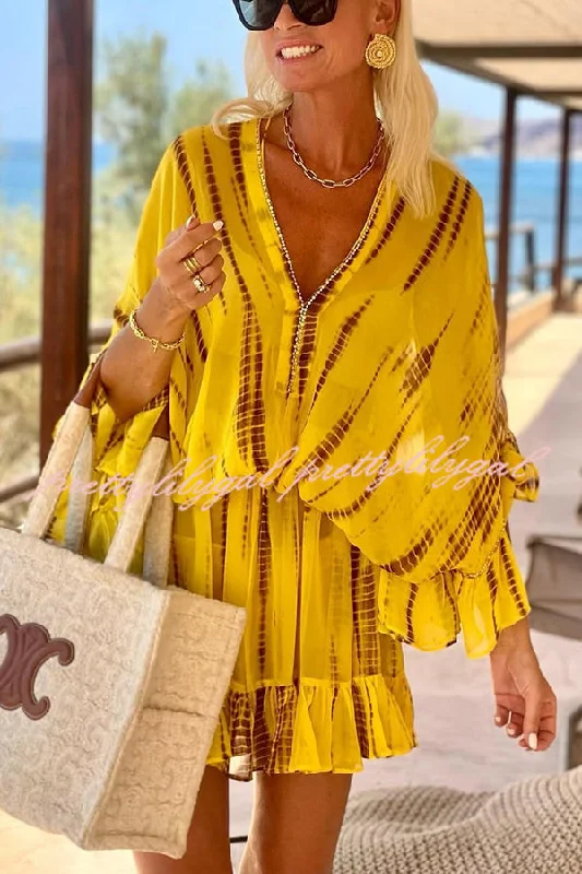 Flash Sale Starts Lemon Flavor Tie Dye Ruffle Batwing Sleeve Elastic Waist Kaftan Mini Dress