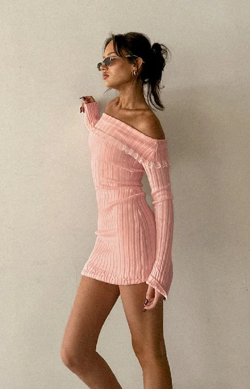 Weekend Exclusive Mimi Pink Long Sleeve Off Shoulder Knit Mini Dress